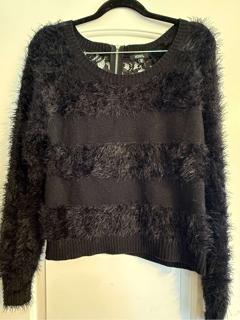 XOXO Black Fuzzy Stripe Crewneck Sweater